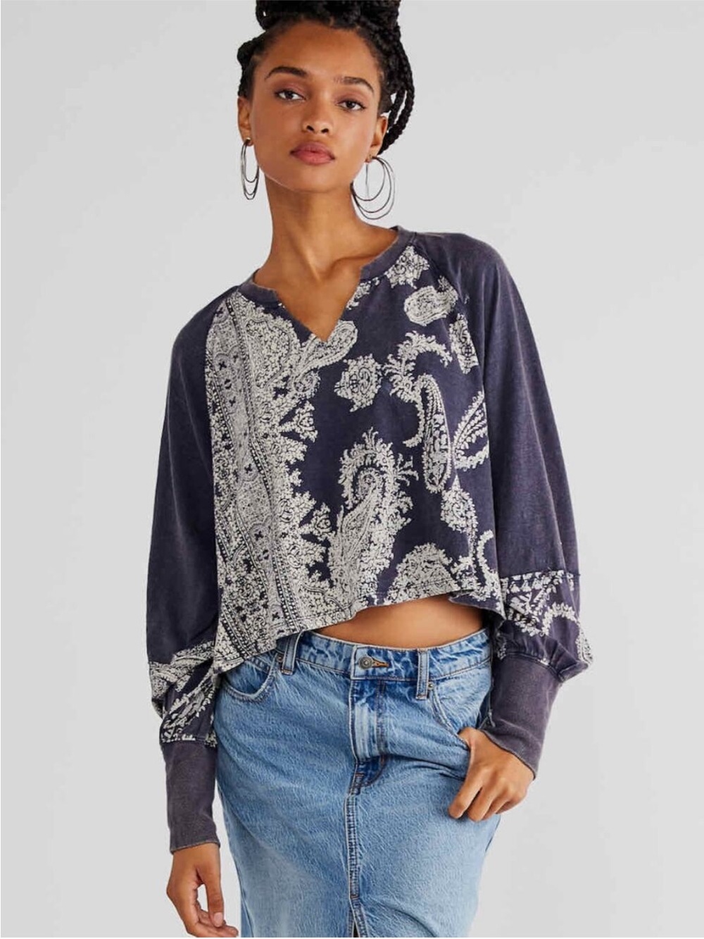 NWT FREE PEOPLE Thru Perfection Paisley Print Hi Low Boho Tee Smoke Size XL